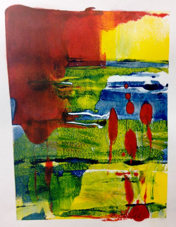 View of the Bay, monoprint, ink and mixed water media on paper, 10"H x 8"W